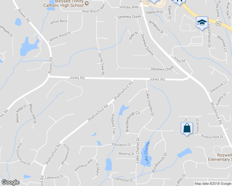 map of restaurants, bars, coffee shops, grocery stores, and more near 10860 Shallowford Road in Roswell