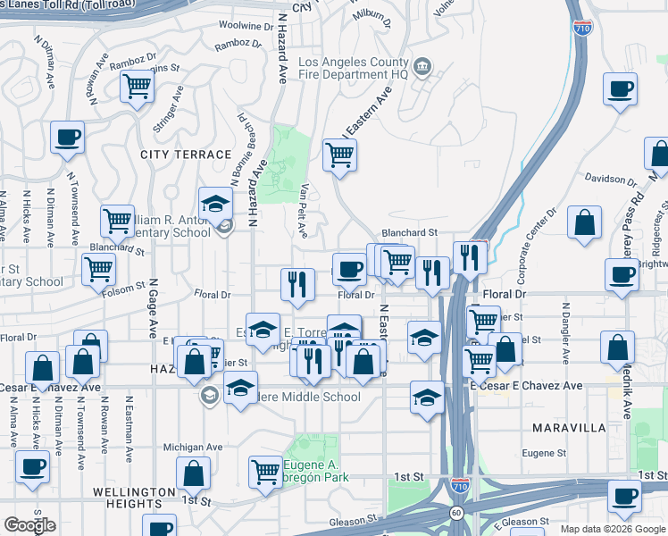 map of restaurants, bars, coffee shops, grocery stores, and more near 801 North Marianna Avenue in Los Angeles