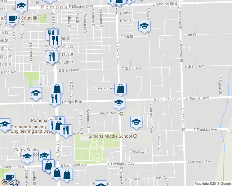 map of restaurants, bars, coffee shops, grocery stores, and more near 1455 South Towne Avenue in Pomona