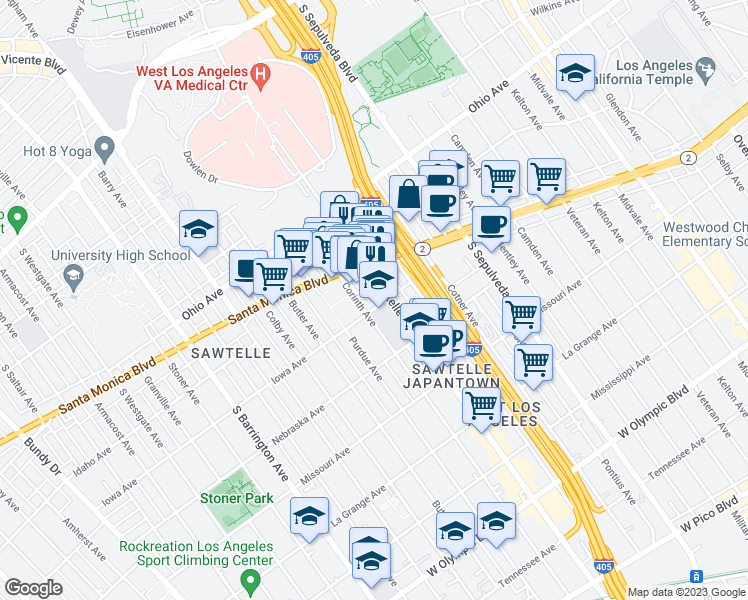 map of restaurants, bars, coffee shops, grocery stores, and more near 11317 Iowa Avenue in Los Angeles
