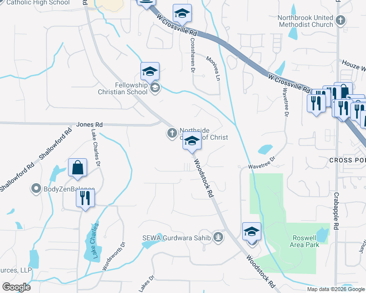 map of restaurants, bars, coffee shops, grocery stores, and more near 10910 Woodstock Road in Roswell