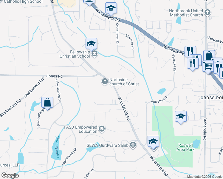 map of restaurants, bars, coffee shops, grocery stores, and more near 10910 Woodstock Road in Roswell
