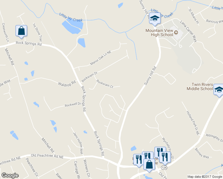 map of restaurants, bars, coffee shops, grocery stores, and more near 2282 Rocksram Court in Buford