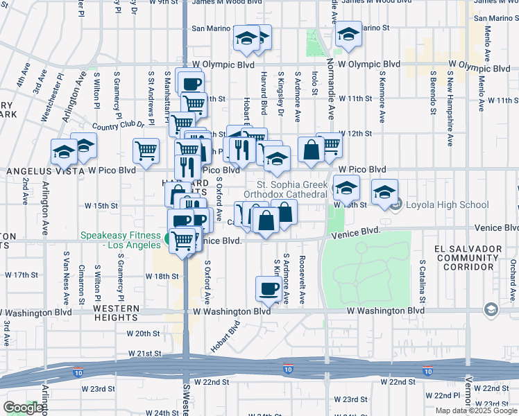 map of restaurants, bars, coffee shops, grocery stores, and more near 1501 South Harvard Boulevard in Los Angeles