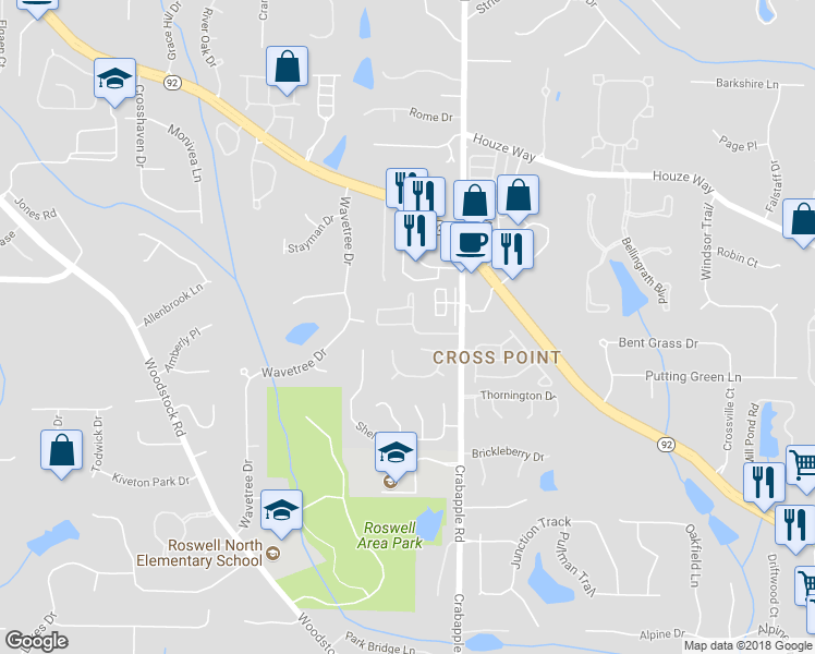 map of restaurants, bars, coffee shops, grocery stores, and more near 190 Victoria Way in Roswell