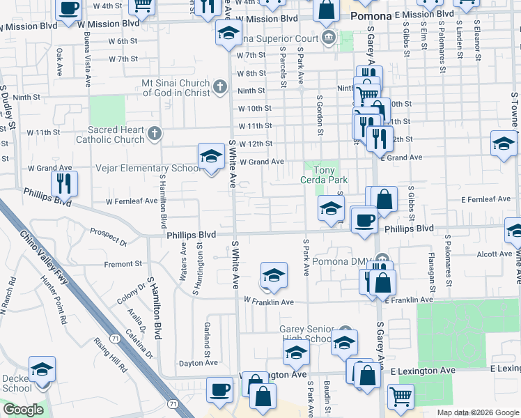 map of restaurants, bars, coffee shops, grocery stores, and more near 1445 South Rebecca Street in Pomona