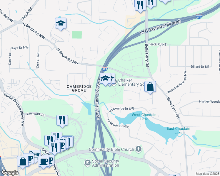 map of restaurants, bars, coffee shops, grocery stores, and more near 325 North Booth Road Northwest in Kennesaw