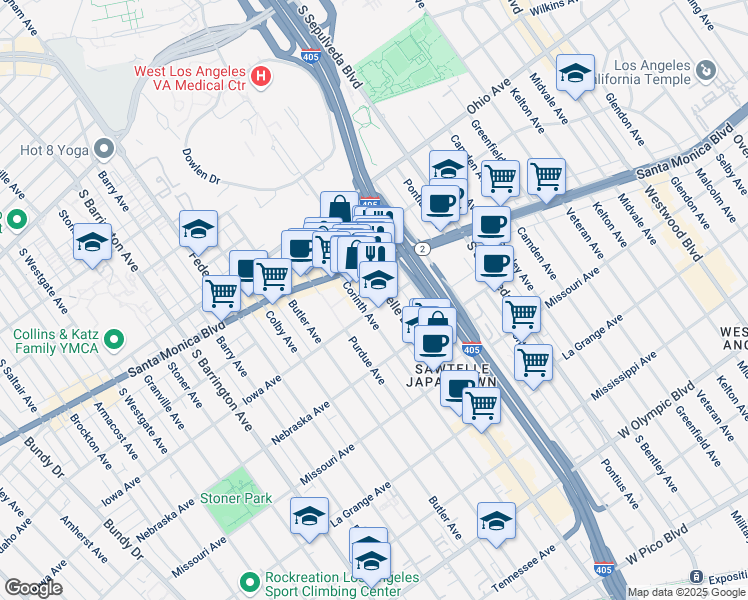 map of restaurants, bars, coffee shops, grocery stores, and more near Iowa Avenue in Los Angeles