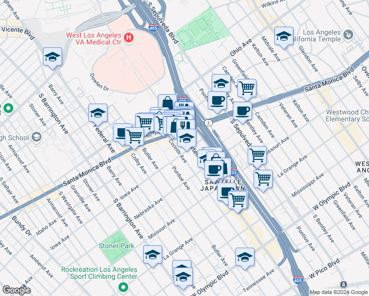 map of restaurants, bars, coffee shops, grocery stores, and more near Iowa Avenue in Los Angeles