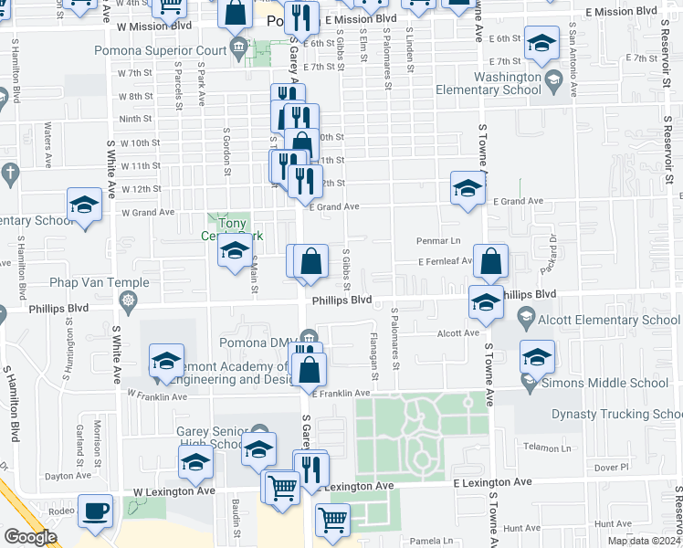 map of restaurants, bars, coffee shops, grocery stores, and more near 1455 South Gibbs Street in Pomona