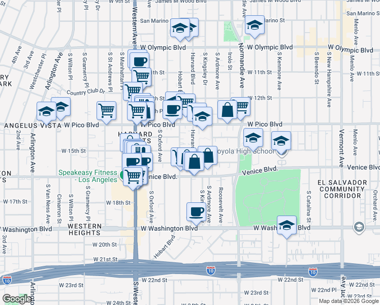 map of restaurants, bars, coffee shops, grocery stores, and more near 1501 South Harvard Boulevard in Los Angeles
