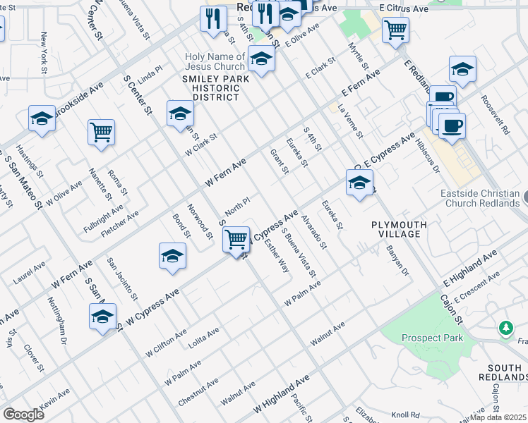 map of restaurants, bars, coffee shops, grocery stores, and more near 545 North Place in Redlands