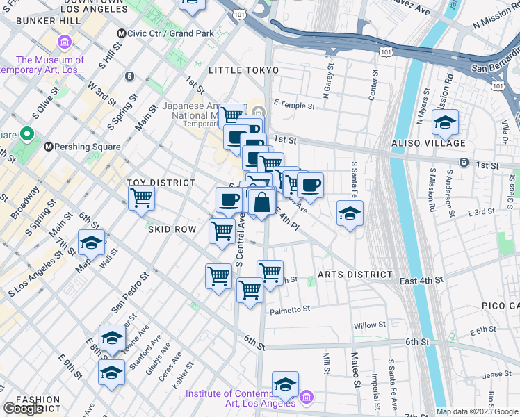map of restaurants, bars, coffee shops, grocery stores, and more near 333 Alameda Street in Los Angeles