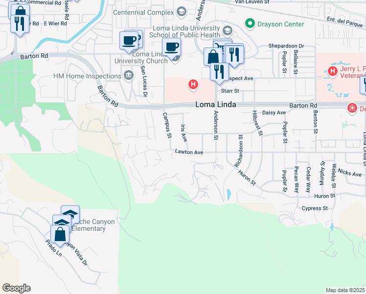 map of restaurants, bars, coffee shops, grocery stores, and more near 11464 Iris Avenue in Loma Linda