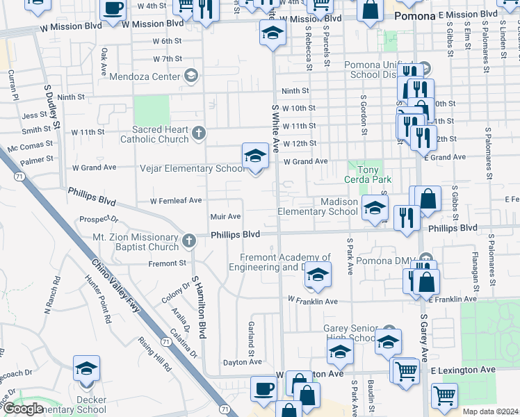 map of restaurants, bars, coffee shops, grocery stores, and more near in Pomona