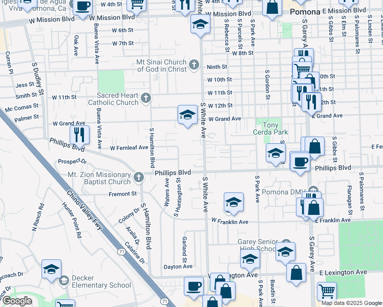 map of restaurants, bars, coffee shops, grocery stores, and more near 1413 South White Avenue in Pomona