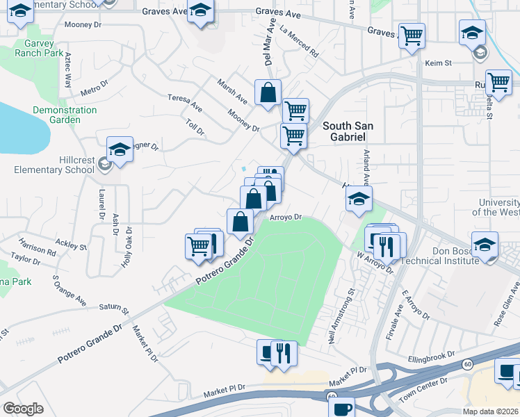 map of restaurants, bars, coffee shops, grocery stores, and more near 1325 Arroyo Drive in Monterey Park