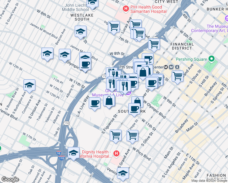 map of restaurants, bars, coffee shops, grocery stores, and more near 900 West Olympic Boulevard in Los Angeles