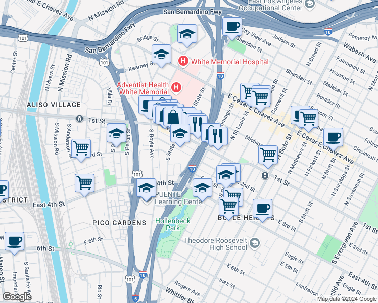 map of restaurants, bars, coffee shops, grocery stores, and more near 1941 East 2nd Street in Los Angeles