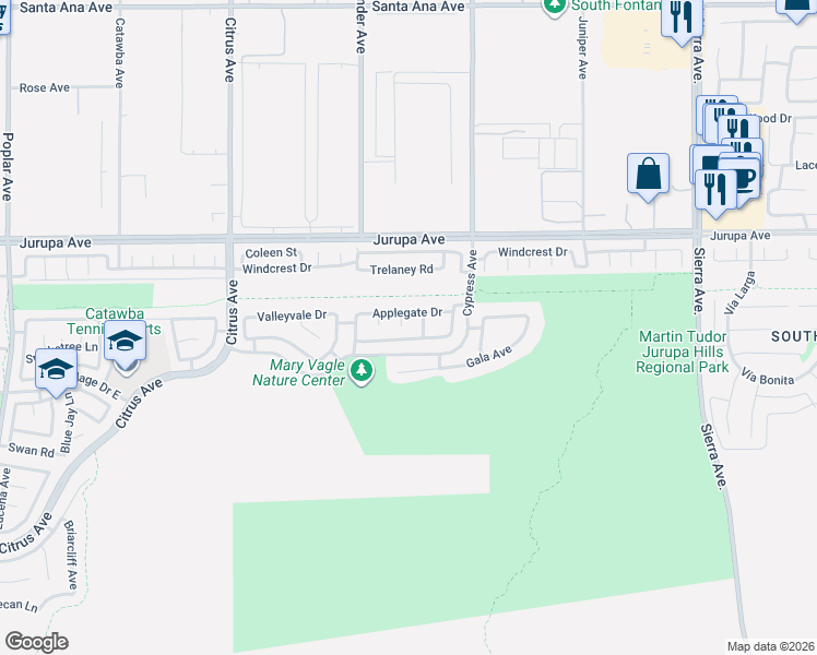 map of restaurants, bars, coffee shops, grocery stores, and more near 11467 Aspencliff Court in Fontana