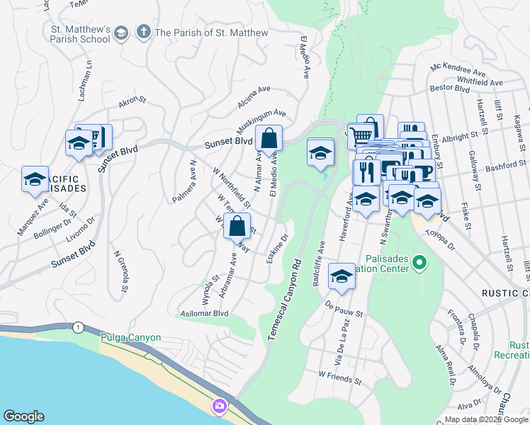 map of restaurants, bars, coffee shops, grocery stores, and more near 701 El Medio Avenue in Los Angeles