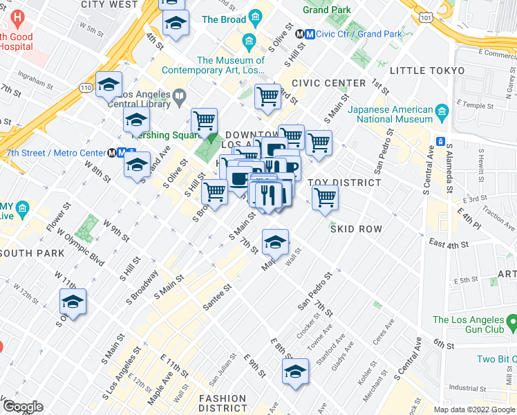 map of restaurants, bars, coffee shops, grocery stores, and more near S Main St & W 6th St in Los Angeles
