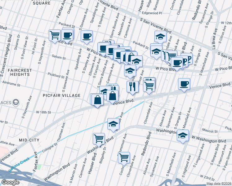 map of restaurants, bars, coffee shops, grocery stores, and more near 1558 Hauser Boulevard in Los Angeles