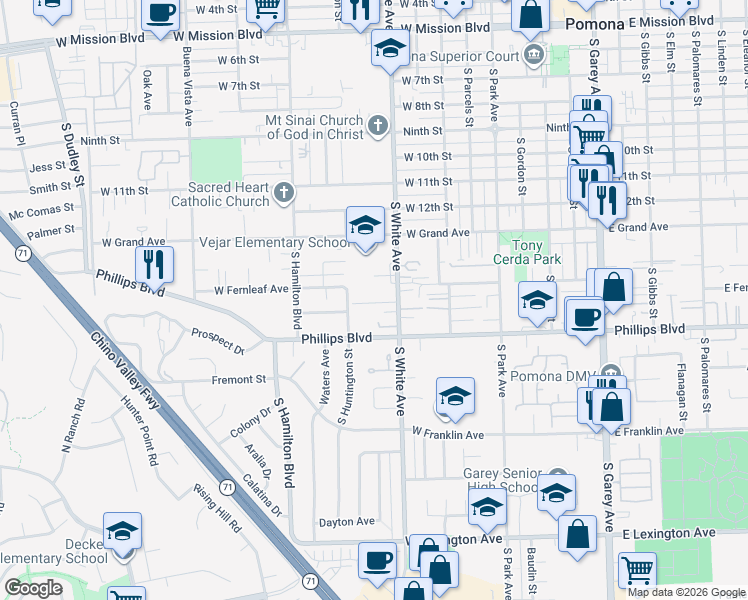 map of restaurants, bars, coffee shops, grocery stores, and more near 1417 South White Avenue in Pomona