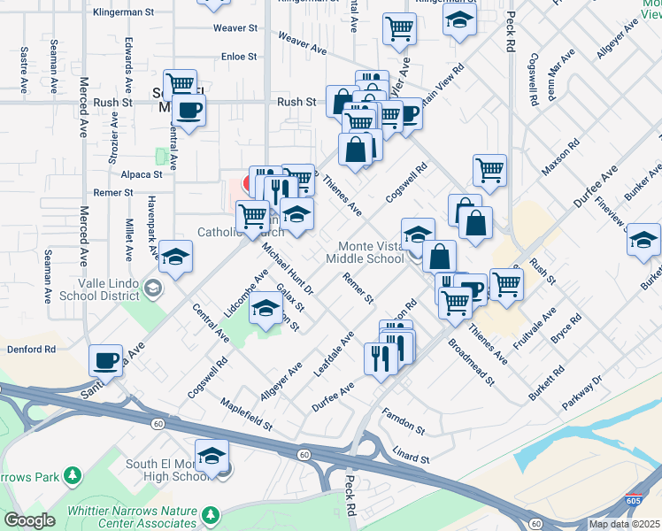 map of restaurants, bars, coffee shops, grocery stores, and more near 1644 Cogswell Road in El Monte