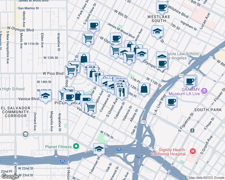 map of restaurants, bars, coffee shops, grocery stores, and more near 1707 West Pico Boulevard in Los Angeles
