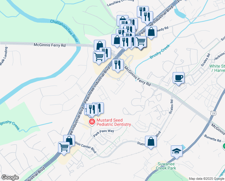 map of restaurants, bars, coffee shops, grocery stores, and more near 1148 Peachtree Industrial Boulevard in Suwanee