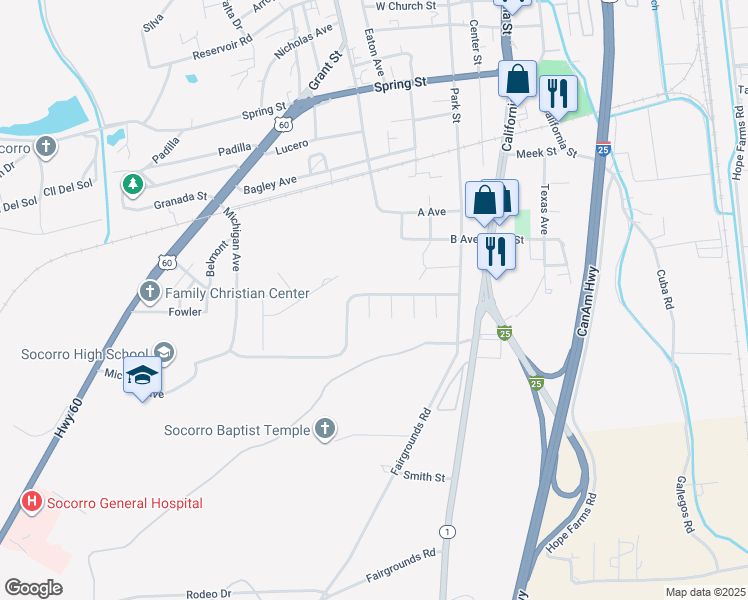 map of restaurants, bars, coffee shops, grocery stores, and more near 1102 Judith Court in Socorro