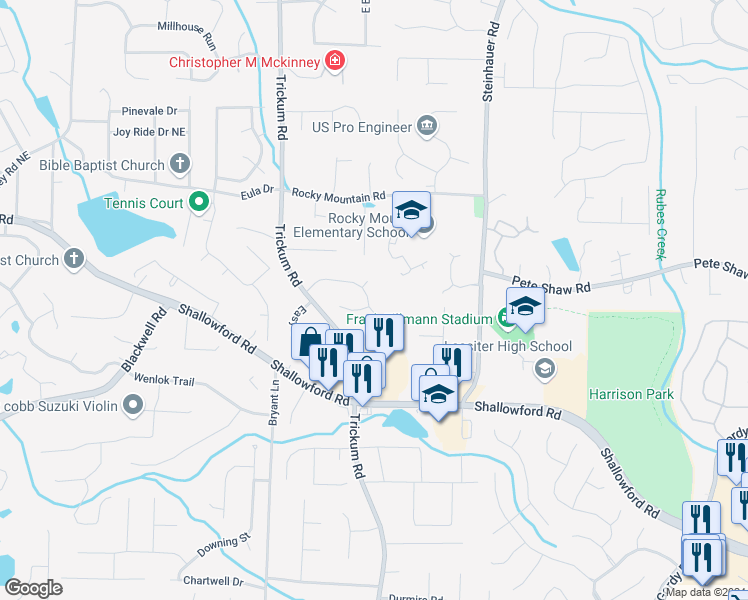 map of restaurants, bars, coffee shops, grocery stores, and more near 2295 Wickingham Drive Northeast in Marietta
