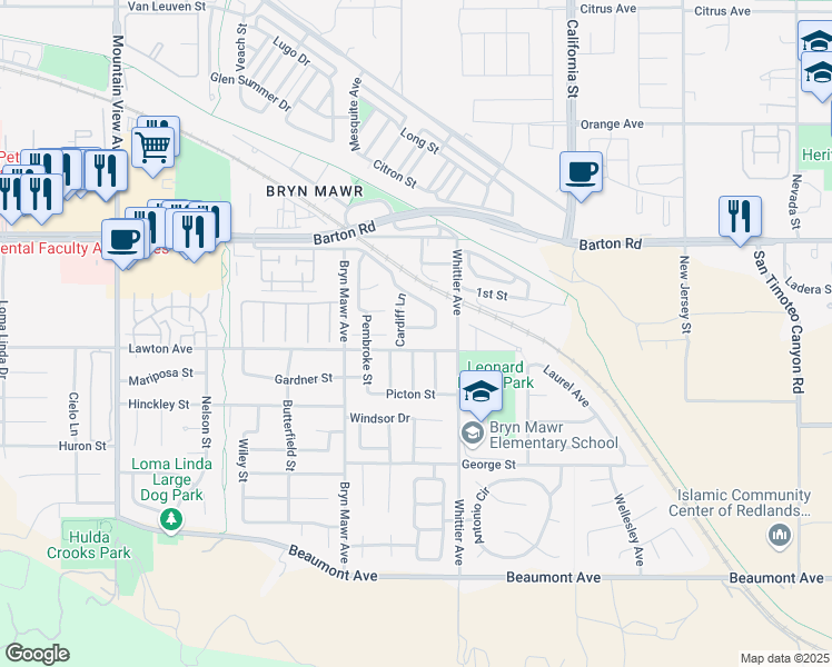map of restaurants, bars, coffee shops, grocery stores, and more near 11455 Cardiff Lane in Loma Linda