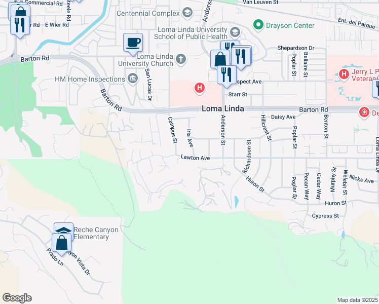 map of restaurants, bars, coffee shops, grocery stores, and more near 11464 Iris Avenue in Loma Linda