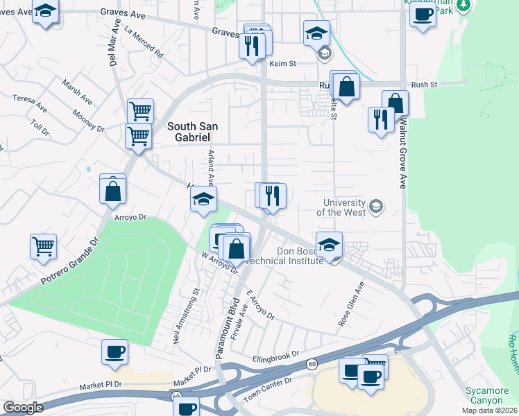 map of restaurants, bars, coffee shops, grocery stores, and more near 1425 San Gabriel Boulevard in Rosemead