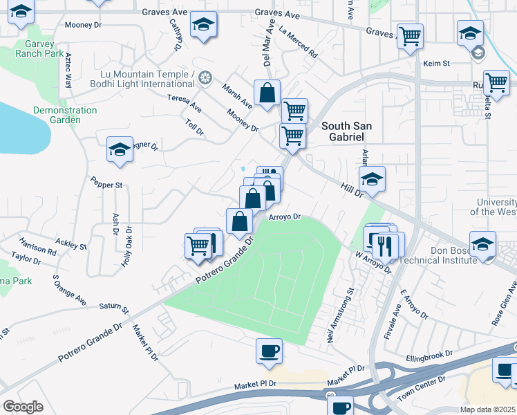 map of restaurants, bars, coffee shops, grocery stores, and more near 1325 Arroyo Drive in Monterey Park