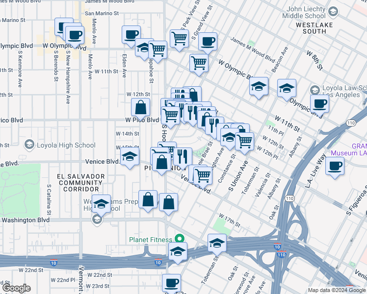 map of restaurants, bars, coffee shops, grocery stores, and more near 1340 South Westlake Avenue in Los Angeles