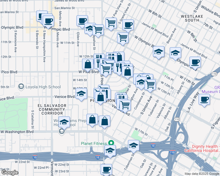map of restaurants, bars, coffee shops, grocery stores, and more near 1340 South Westlake Avenue in Los Angeles