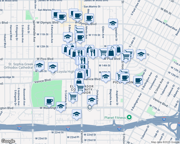 map of restaurants, bars, coffee shops, grocery stores, and more near 1414 Menlo Avenue in Los Angeles