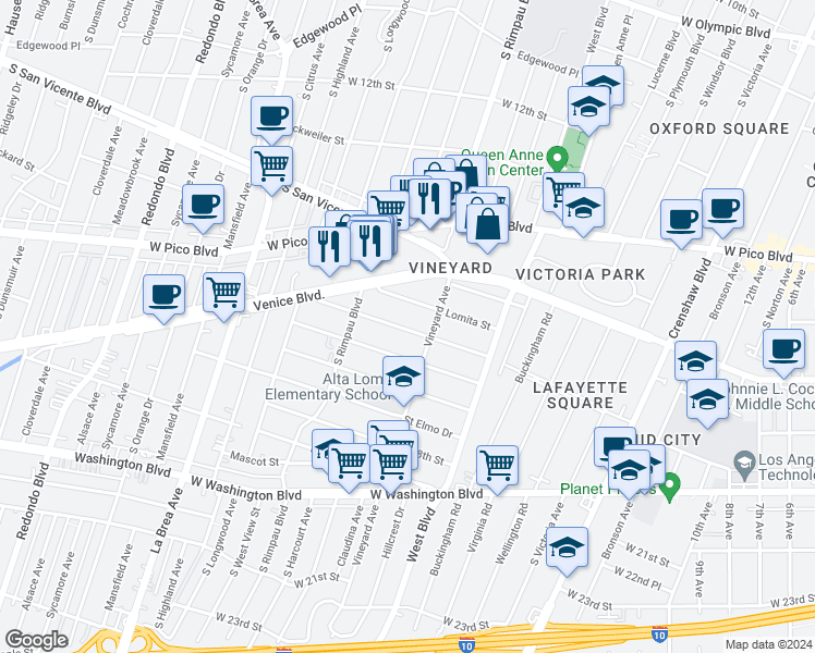 map of restaurants, bars, coffee shops, grocery stores, and more near 4603 Saint Charles Place in Los Angeles