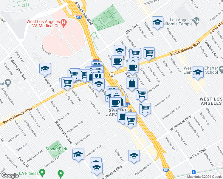 map of restaurants, bars, coffee shops, grocery stores, and more near 1733 Beloit Avenue in Los Angeles