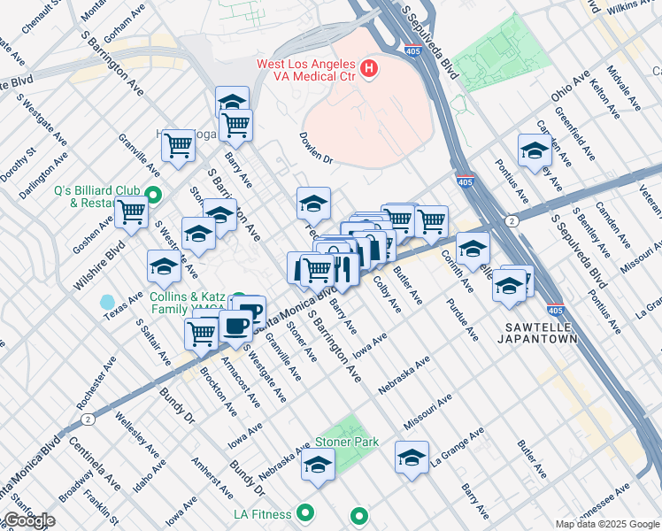 map of restaurants, bars, coffee shops, grocery stores, and more near 11601 Ohio Avenue in Los Angeles