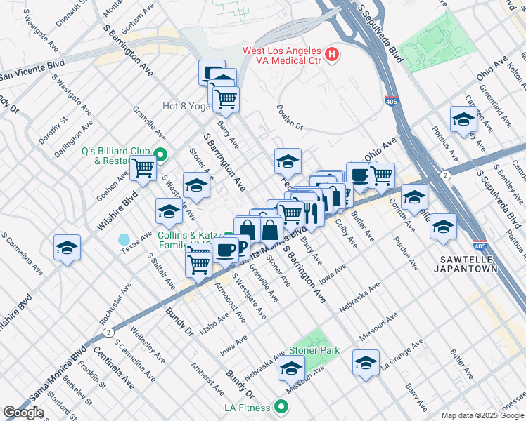 map of restaurants, bars, coffee shops, grocery stores, and more near 1443 Barry Avenue in Los Angeles