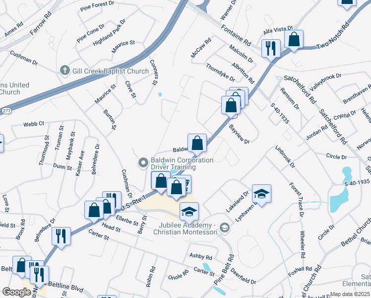 map of restaurants, bars, coffee shops, grocery stores, and more near 4031 Baldwin Road in Columbia