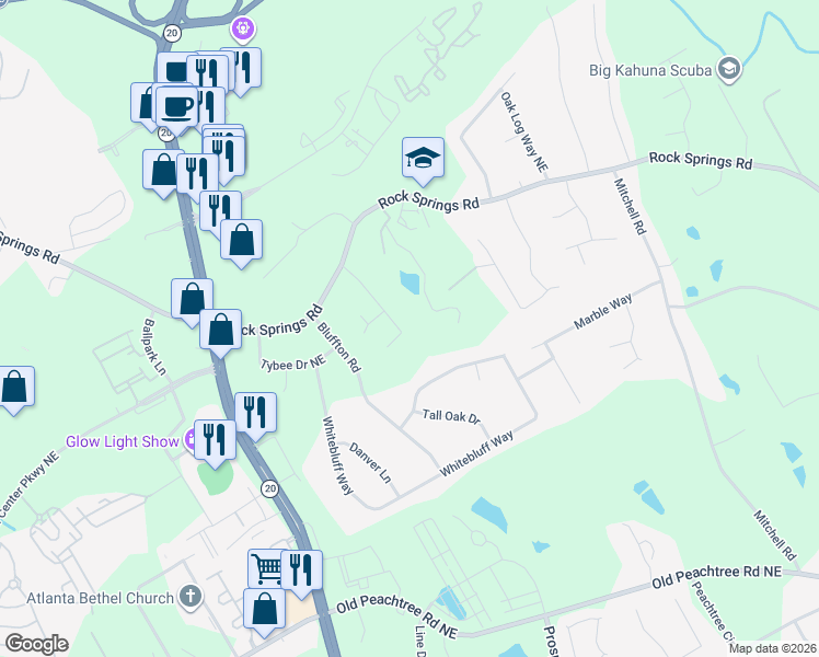 map of restaurants, bars, coffee shops, grocery stores, and more near 2643 Winslow Ridge Drive Northeast in Buford