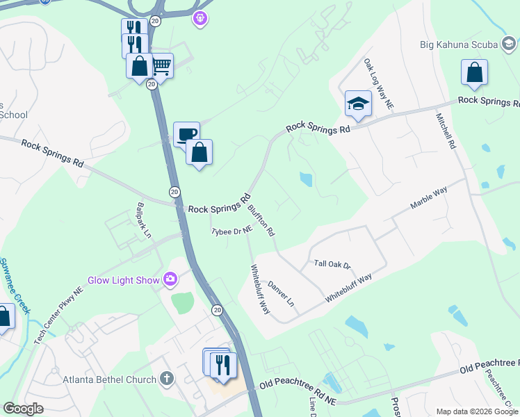 map of restaurants, bars, coffee shops, grocery stores, and more near 2731 Bluffton Road in Buford