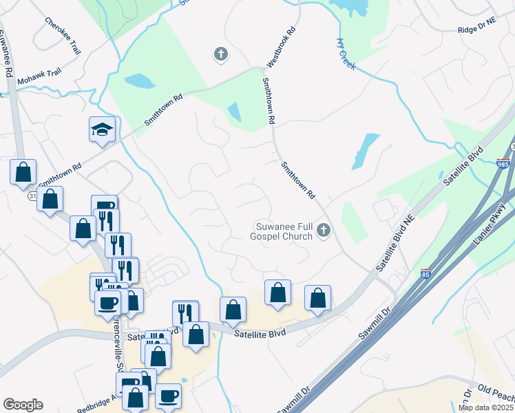map of restaurants, bars, coffee shops, grocery stores, and more near 74 Morning Glen Court in Suwanee