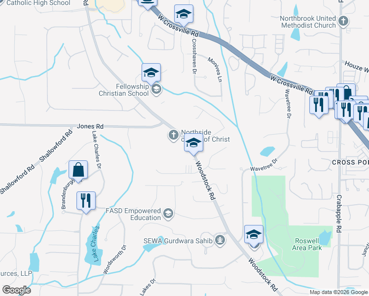 map of restaurants, bars, coffee shops, grocery stores, and more near 10910 Woodstock Road in Roswell
