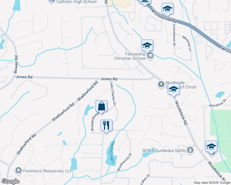 map of restaurants, bars, coffee shops, grocery stores, and more near 200 Wind Shadow Court in Roswell